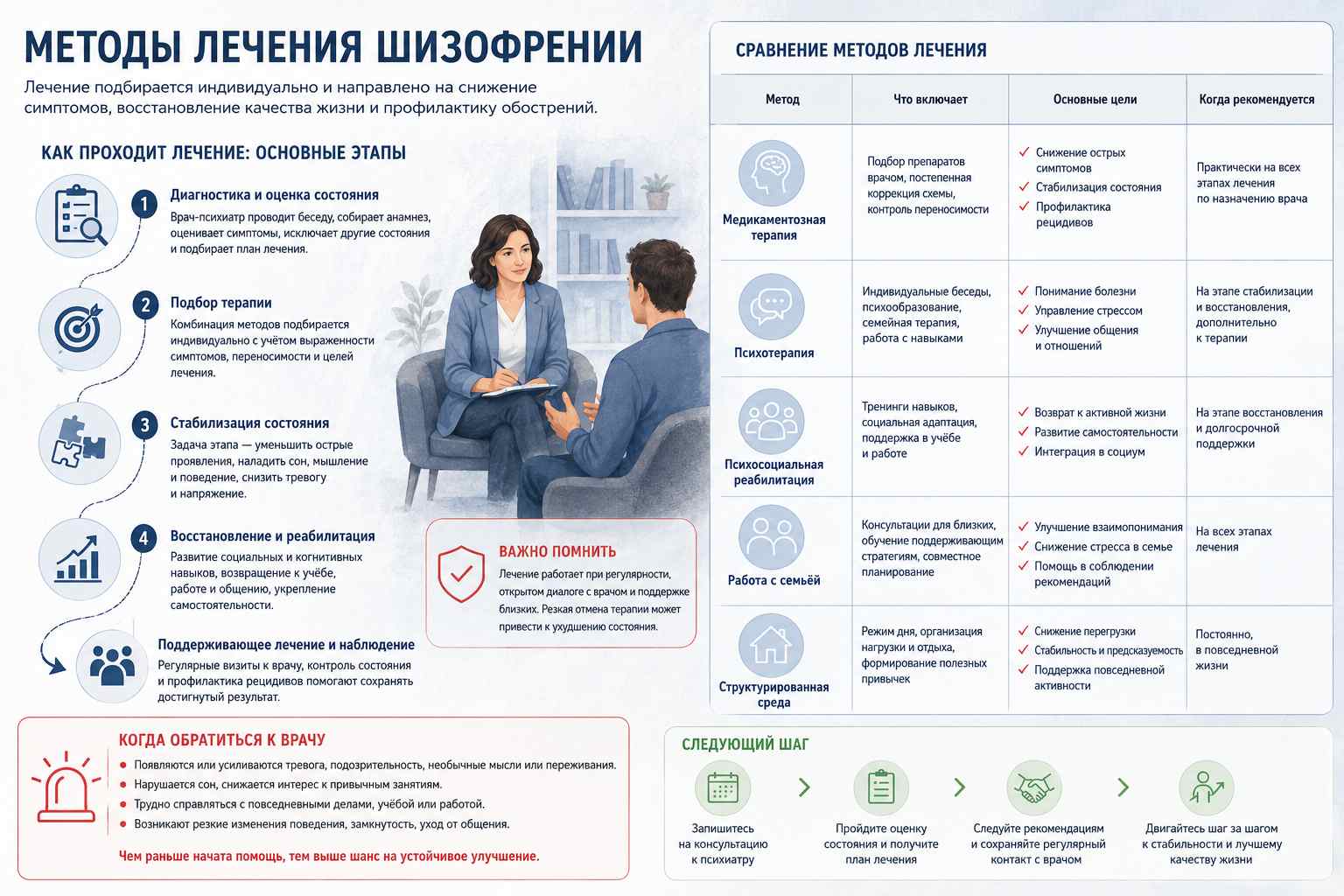 Инфографика объясняет маршрут пациента по теме методов лечения шизофрении